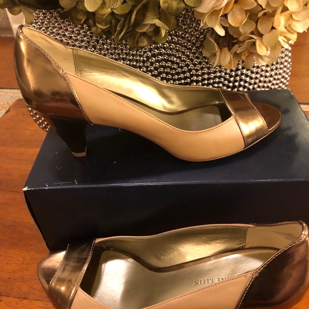 Anne Klein Bronze and Cream Peep-Toe Heels